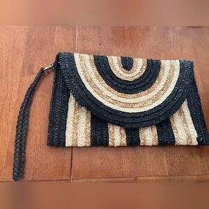 Mud pie Stripe Straw Envelope Clutch Purse Bag Wristlet Black Tan